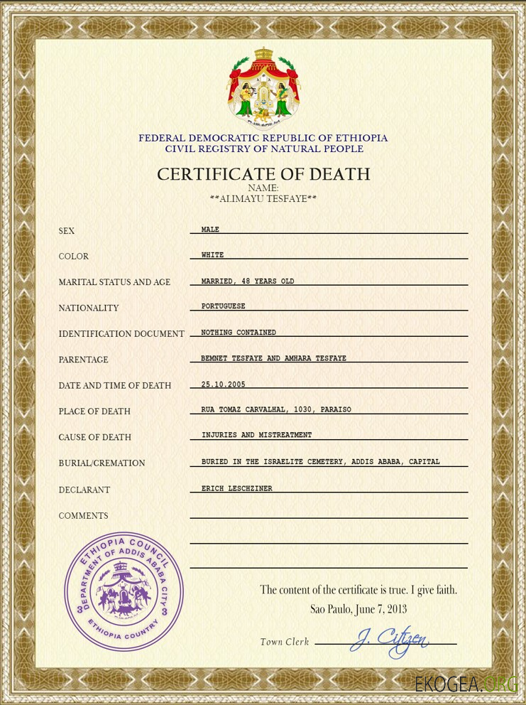 Modèle PSD de certificat de décès de l'état civil de l'Éthiopie